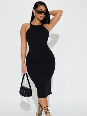 Fashion Nova Black Ribbed Midi Dress | Sleek Bodycon | Size L | NEW